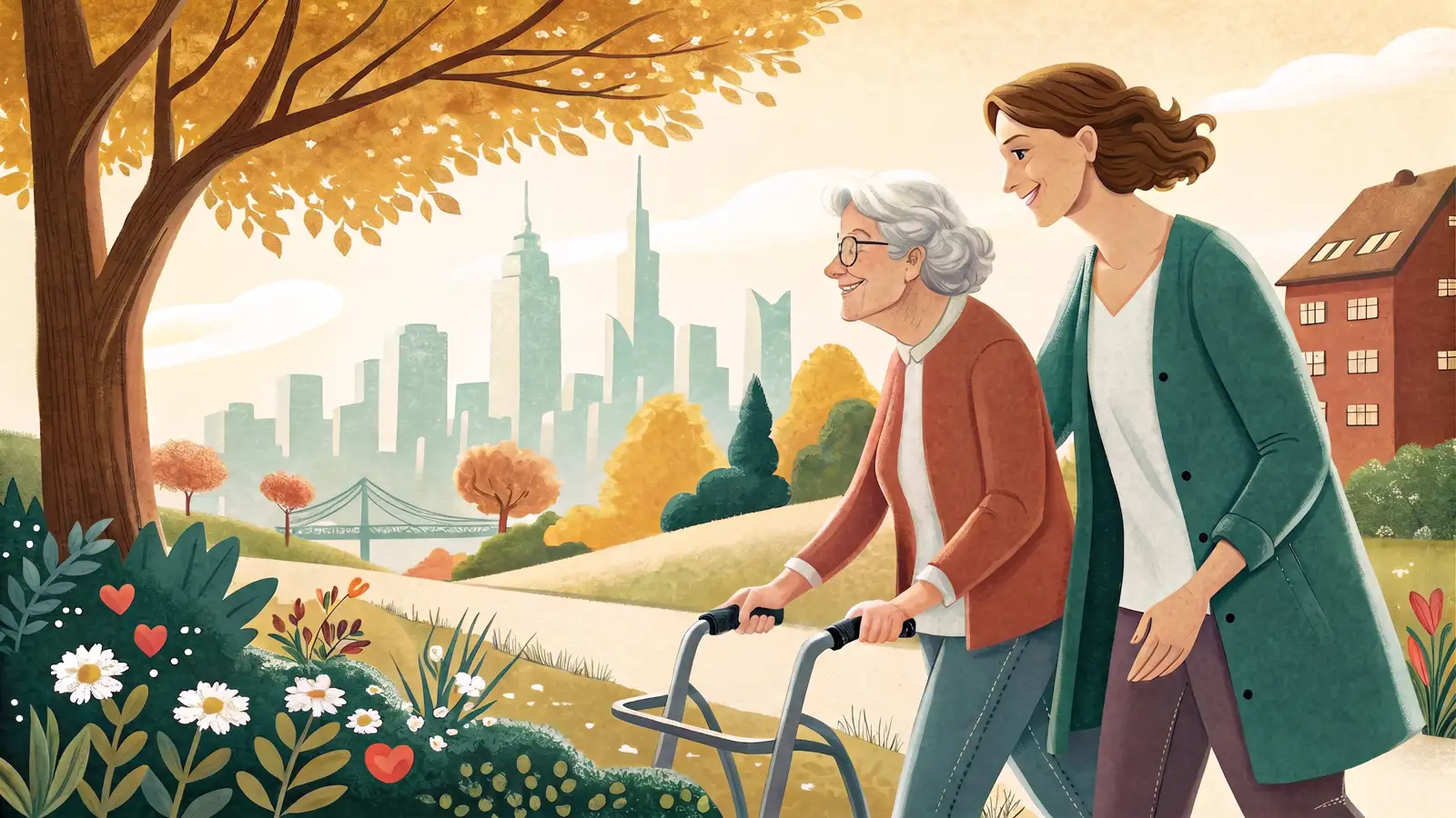 Illustration: Betreuungskraft und Seniorin mit Rollator gehen durch einen sonnigen Garten, die Frankfurter Skyline im Hintergrund